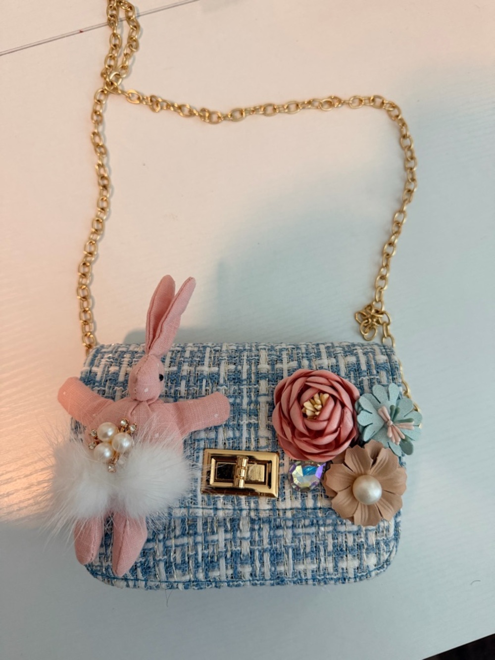 Blue Tweed Mini Crossbody Bag with Pink Floral Accents - Picture 2 of 4